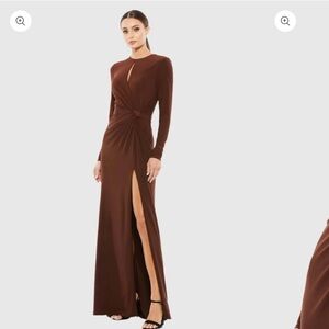 Mac Duggal Brown Slit Maxi Gown Mock Neck